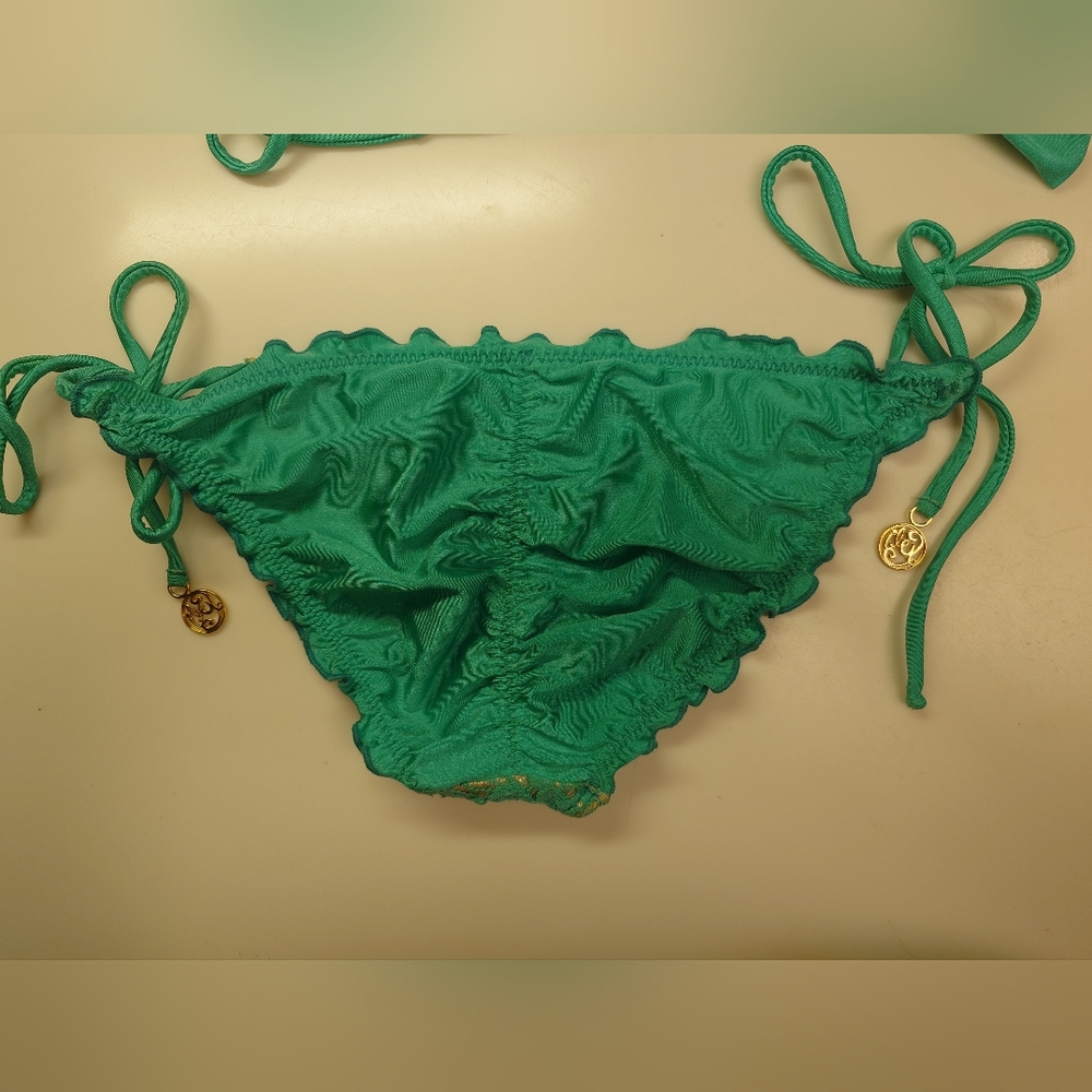 Flaw NWT Gold & Green LULI FAMA Crochet Halter Top DD Tie-Side Bikini SwimSuit M - Picture 9 of 15